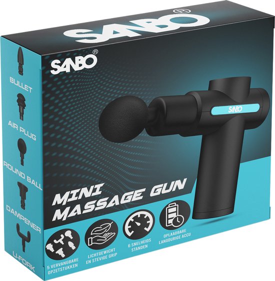 Sanbo - Massage Gun Mini Gen 2 - Met 5 Opzetstukken En 6 Standen - Sport en Relax Massage Apparaat - Massage Pistool - Professioneel - Zwart
