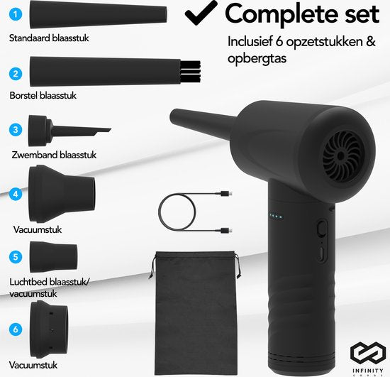Infinity Goods 4-in-1 Luchtblazer - Perslucht - 53K RPM - Blazen En Zuigen - Gecomprimeerde Lucht - Draadloos En Oplaadbaar - Zwart