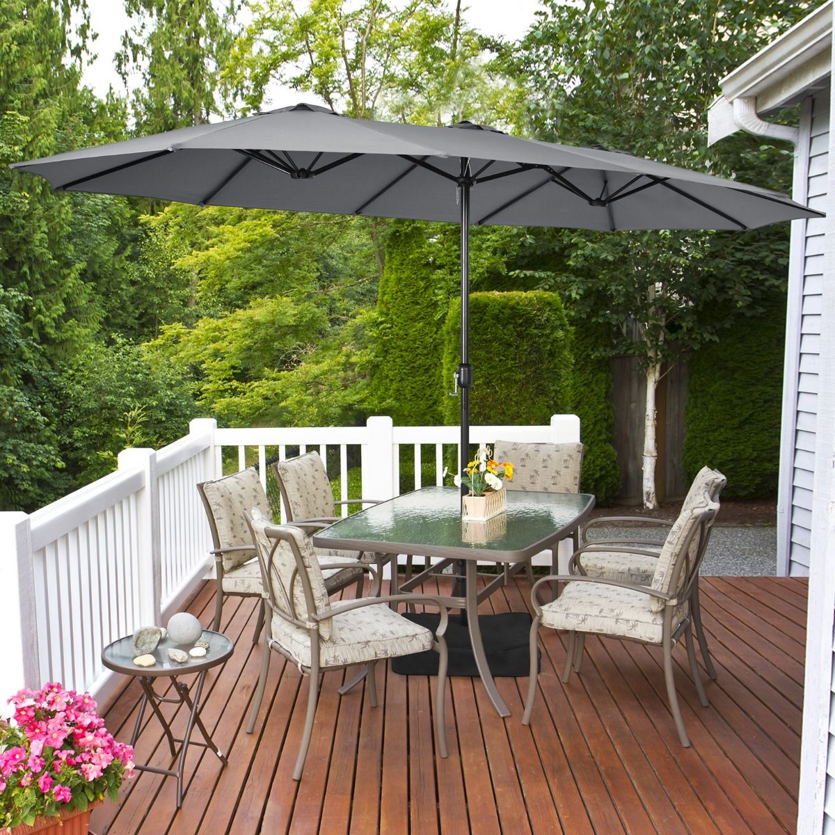 Coast Dubbele Parasol met Standaard - extra groot schaduwoppervlak - stevige metalen basis - grijs 451,5 x 264 cm