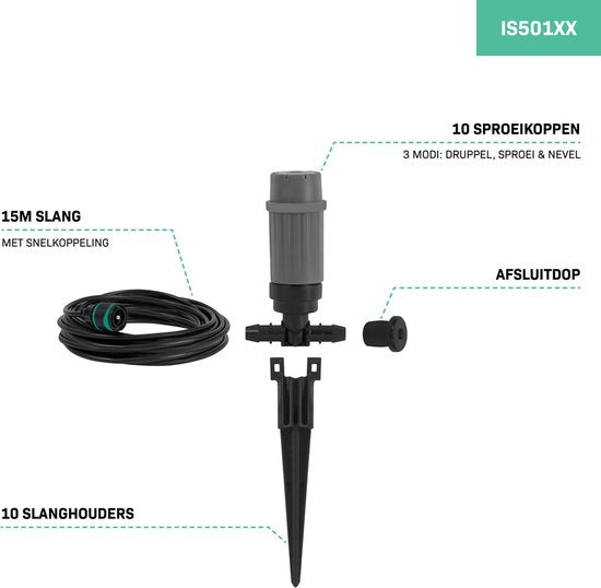 VONROC Irrigatiesysteem - 3 sprinkler standen: sproeien, druppelen & vernevelen - modulair systeem incl. 15m slang, 10x sproeikop, 10x slanghouder & universele snelkoppeling