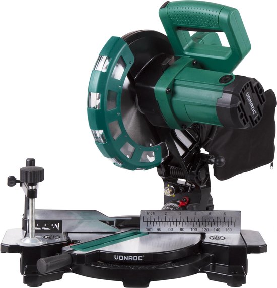 VONROC Afkortzaag – Elektrisch, Met Laser & Ø216 mm Zaagblad – 1700 W – 79 x 46,5 x 36 cm – Zilver/Zwart
