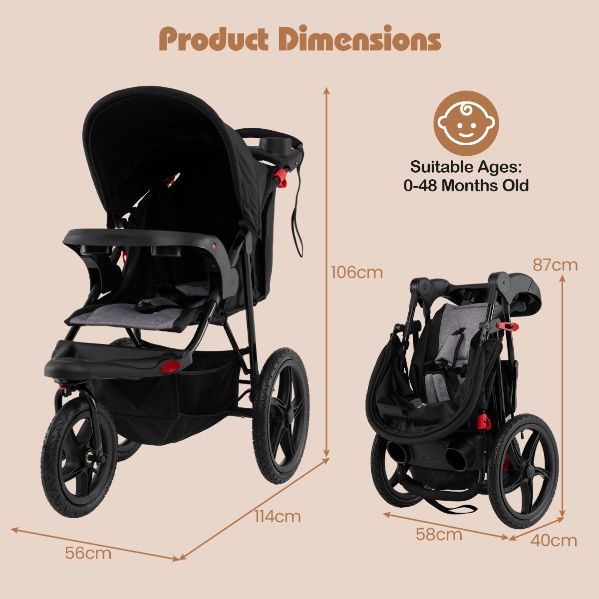 Coast Joggingbuggy - Opvouwbare kinderwagen - Verstelbare zonnekap - Kantelbare zitting - Zwart