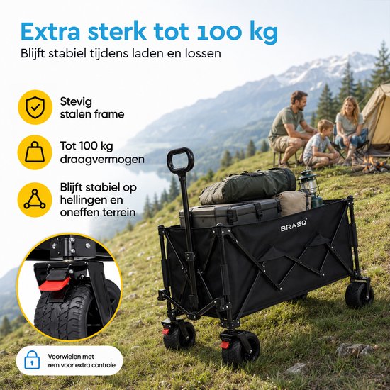 BRASQ Bolderkar Opvouwbaar - 165 Liter - 100 KG Draagkracht - Draaibare wielen mét rem - 90 x 52 x 110 cm - Verstelbare hendel - Inklapbare Bolderwagen - Zwart