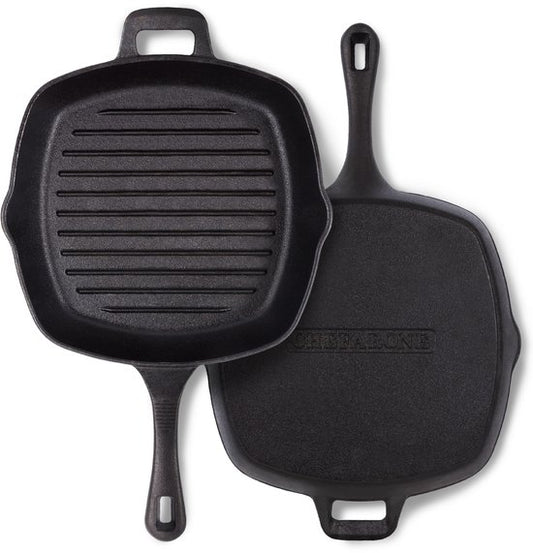 Chefarone Gietijzeren Grillpan – 25,5 cm – Voor Inductie, Gas, Oven & BBQ – Vierkante Grillpan met Ribbels – Perfecte Grillstrepen & Warmteverdeling – Pan met Handgreep