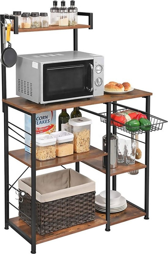 Goliving Keukenkast – Keukenrek Staand – Magnetronkast – Organizer – Metaal – Hout – 90 x 40 x 132 cm – Bruin