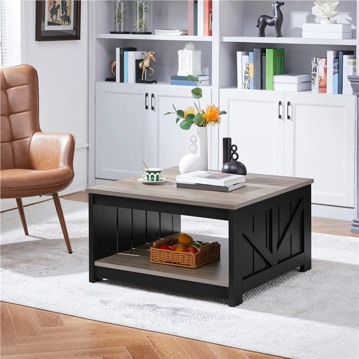 Yaheetech Salontafel Vierkant – 80 x 80 x 45 cm – Voorzien Van Ruim Opbergvak En Schuurdeur-Design En Houtnerf Fineer – Voor Woonkamer En Zithoek – Grijs E1 MDF