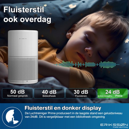 Erikssøn Luchtreiniger - wit - 6W - 24dB - 1 Hepa Filter - 2,35Kg - (B)14.50x(H)25.50cm