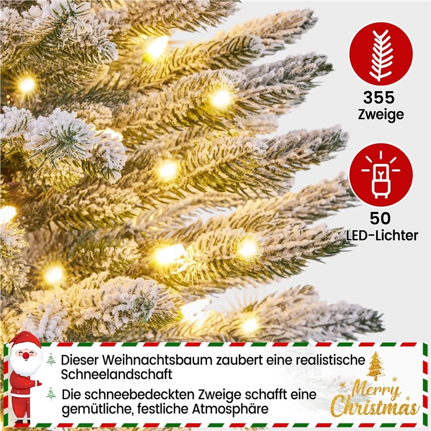 Yaheetech Tafelkerstboom Met Sneeuw En Verlichting – Φ55 x 92 cm – Voorzien Van 355 Takken En 50 LED-Lampjes En Realistische Boomstam – Voor Vensterbank En Buiten – Groen PVC En Metaal