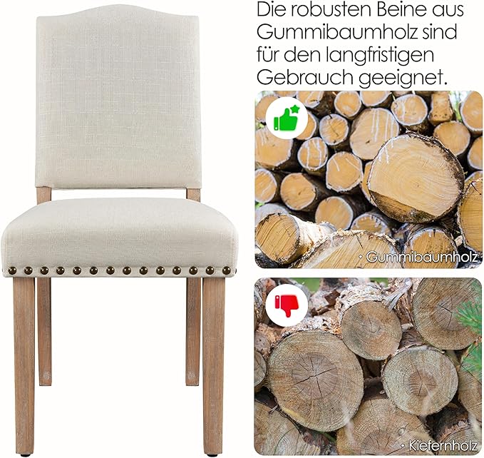 Yaheetech Eetkamerstoelen Set van 2 Gestoffeerd met Houten Poten - Beige - Max. 136 kg
