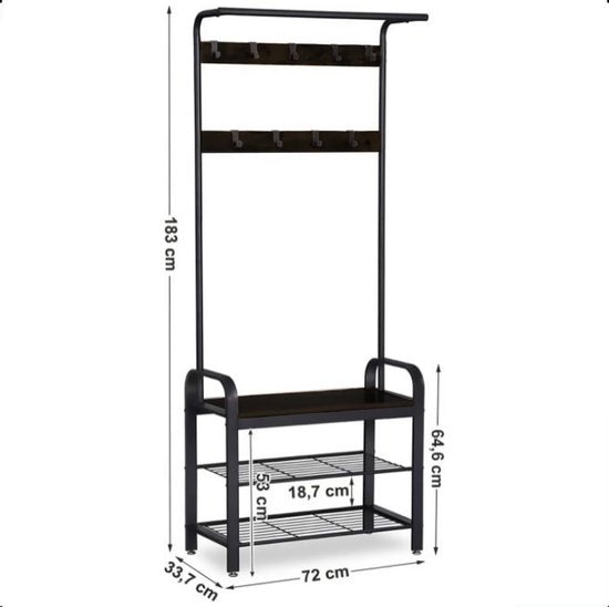 Goliving Kapstok – Garderoberek – Halmeubel – Schoenenrek – Schoenenkast – Industriële kast – Metaal/Hout – 72 x 34 x 183 cm – Zwart