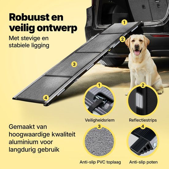 Jake en Jacky Hondenloopplank voor Auto - Opvouwbare Hondentrap - Antislip Loopplank voor Grote Honden - Inklapbaar - Reflecterend - 180x55 cm - Gewicht tot 70 kg