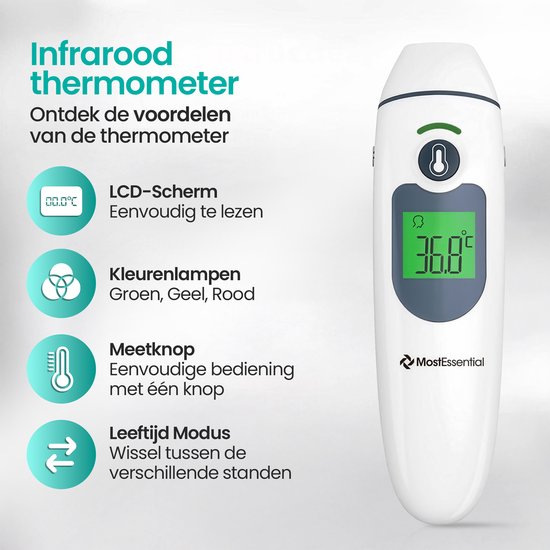 MostEssential 2-in-1 Digitale Koortsthermometer - Oorthermometer – Thermometer Voorhoofd & Lichaam - Koortsthermometer voor Volwassenen, Kinderen en Baby's - Contactloos - IR30
