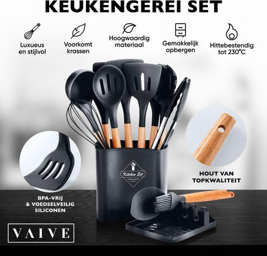 VAIVE Kookgerei set 13-delig met Houder - Keukengerei Set - Garde - Spatel Silicone