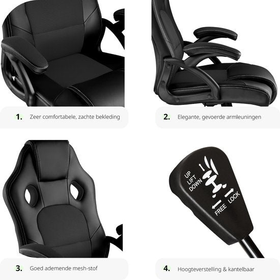 tectake® - bureaustoel gamingchair - luxe burostoel kantoorstoel - racingstoel burostoel gamestoel Tyson - zwart