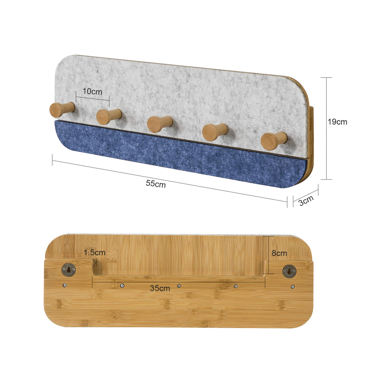 SoBuy Wandkapstok met 5 Haken - Bamboe en Vilt - 55x3x19cm