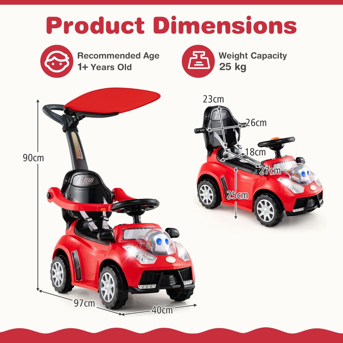 Coast 3-in-1 Loopauto met duwstang - opbergruimte - verstelbare zonbescherming - rood