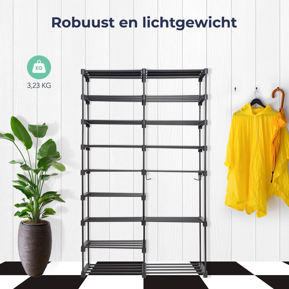 LifeGoods Schoenenrek - 9 Laags - Inclusief Haakjes - Schoenenkast - Opbergsysteem 32 Paar schoenen - Metaal - Zwart