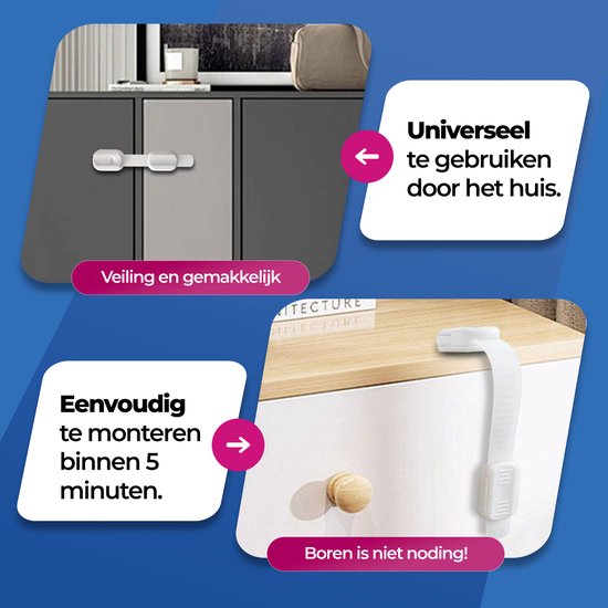 Roegaarden Kinderslot kastjes - kastbeveiliging voor kinderen - Zonder boren - Wit - 8 Stuks