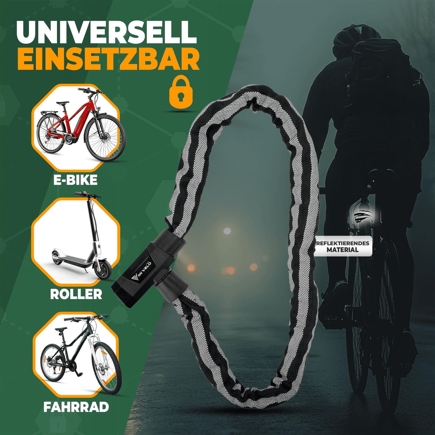 MIVELO Kettingslot voor Fietsen - Met Sleutelslot en LED - 100 CM - RVS