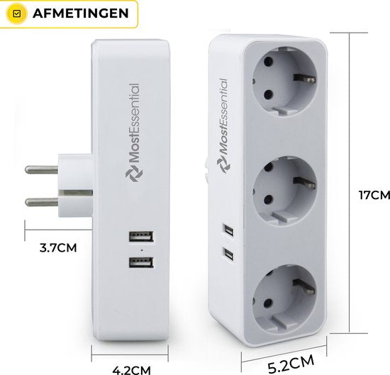 MostEssential Premium 5-in-1 Verdeelstekker - Stopcontact Splitter - 3 Stopcontacten & 2 USB-Poorten - Horizontaal - Wit