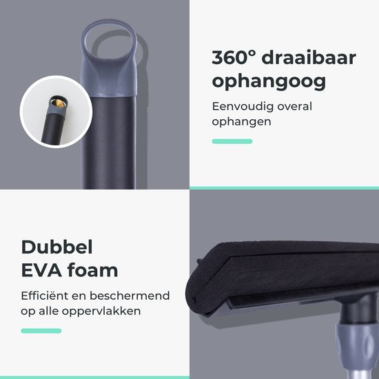 CLEANLY Vloertrekker met Steel Telescopisch 114-142 cm - Vloerwisser Badkamer - Watertrekker - Douchewisser - Dubbel EVA Foam - Breedte 43,5 cm - Zwart, Grijs