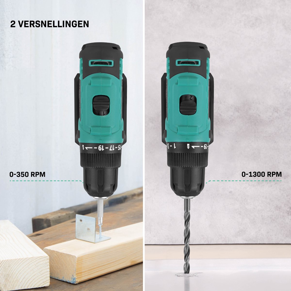 Vonroc Accuboormachine 20V - 19 Schroefstanden + Boorstand - Incl. 2 Bits - Excl. Accu & Snel-lader