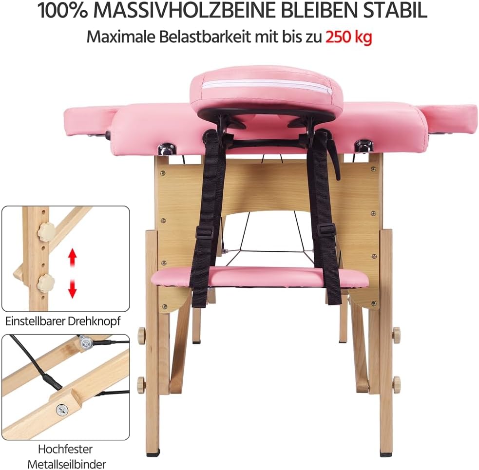 Yaheetech Massagetafel met 3 zones - Inklapbaar - 213 × 80 cm - Lichtroze