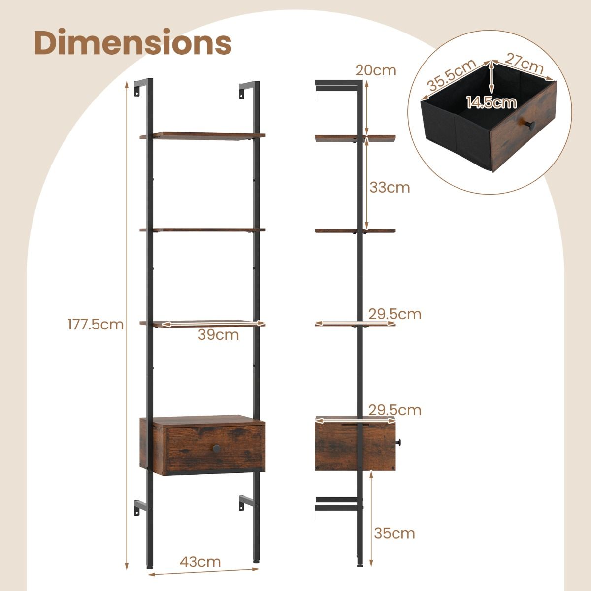 Coast Ladderboekenkast met lade - 5 lagen - metalen frame - rustiek bruin en zwart