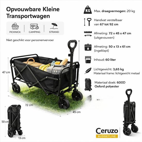 Ceruzo Bolderkar 60L – Opvouwbaar – Transportkar – Camping Strand - Max 20kg