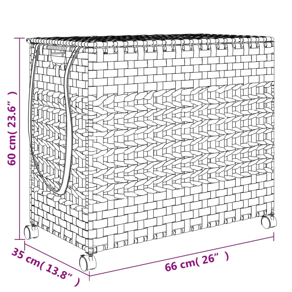 vidaXL Wasmand op Wielen 66 x 35 x 60 cm - Rattan - Grijs - 3 Vakken - Inklapbaar