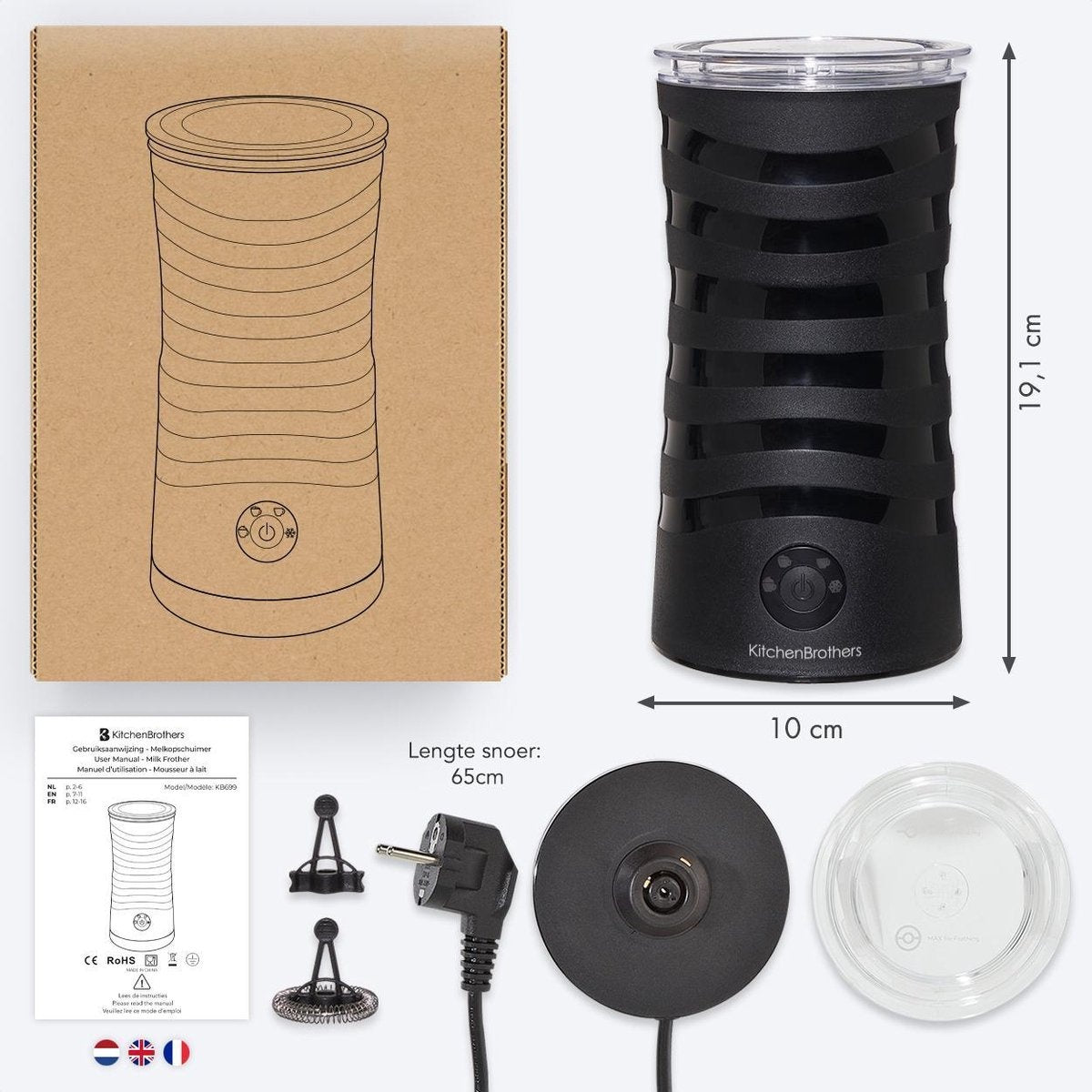 KitchenBrothers Elektrische Melkopschuimer - 4-in-1 - 240 ML - Handige Melkschuimer - Zwart