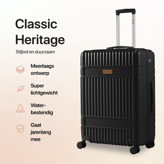 SKYCASES Classic Heritage - Grote Reiskoffer - TSA Slot - 76x52x30 cm - 100L - XL Rolkoffer - 360° geruisloze wielen - Lichtgewicht - Trolley - Zwart