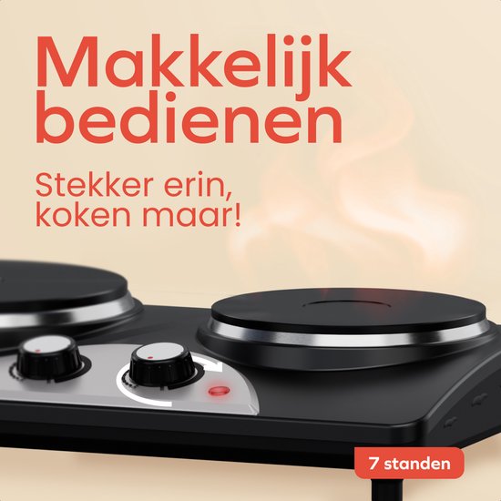 KitchenBrothers Elektrische Kookplaat - 2 Pits - Vrijstaand - 7 temperatuurstanden - 1500W + 1000W - Zwart