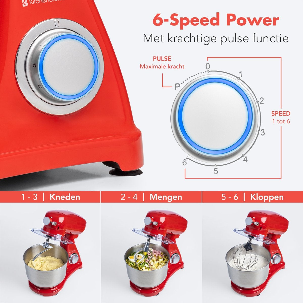 KitchenBrothers Keukenmachine - Keukenrobot - 6L Mengkom - 1800W - Aluminium - Rood