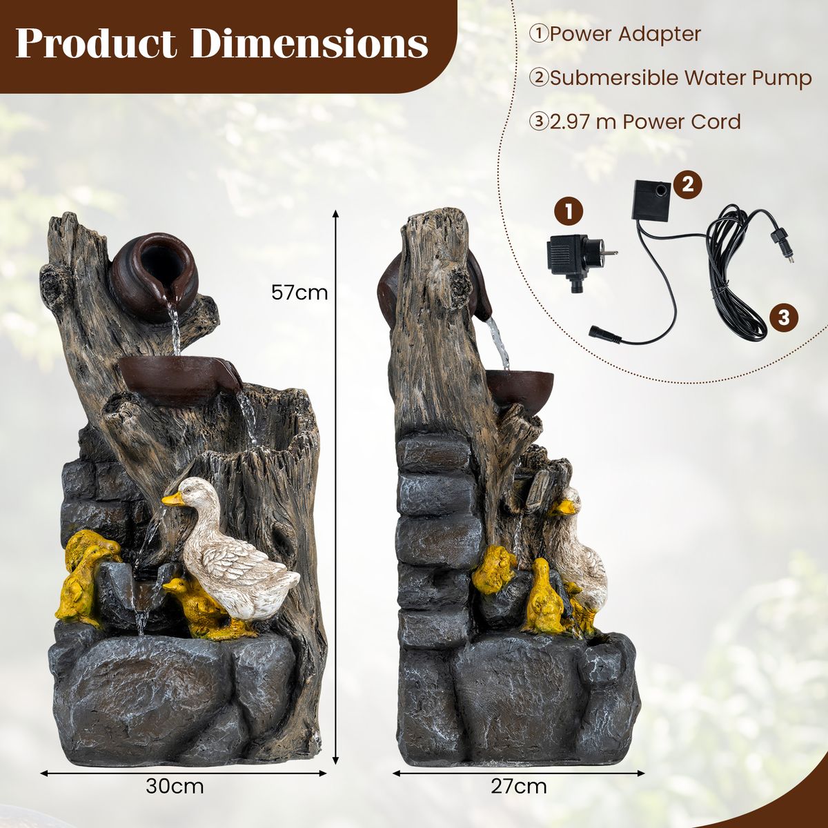 Coast Tuinfontein met eendenfamilie - 4-traps waterval - LED-verlichting - grijs - 30 x 27 x 57 cm