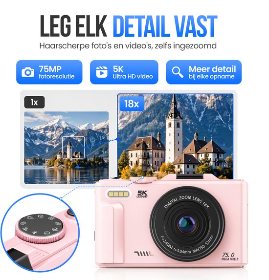 Strex Digitale Camera 5K 75MP - Fototoestel - Compactcamera met Wifi - Vlog Camera - Fotocamera voor Kinderen - 18x Zoom - Draaibaar Scherm - Roze