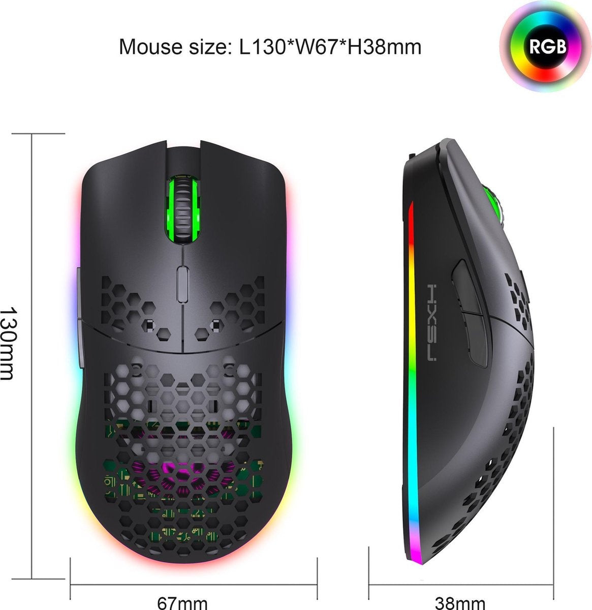 HXSJ T66 2.4G Draadloze Gaming Muis - Ultra licht - RGB Verlichting - Zwart