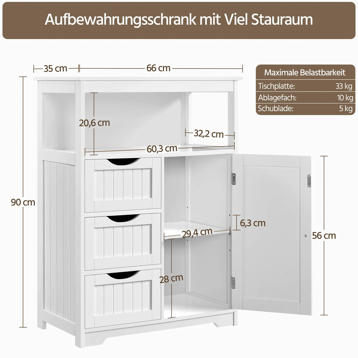 Yaheetech Badkamerkast Met 3 Lades – Voorzien Van Verstelbare Plank En Open Opbergvak En Metalen Beslag – Voor Badkamer Woonkamer En Slaapkamer – Wit Mdf En Metaal – 66 x 35 x 90 cm