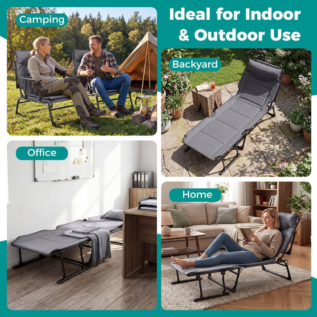Coast Opvouwbaar Campingbed 3-in-1 - verstelbare rugleuning - hoofdsteun - grijs en zwart