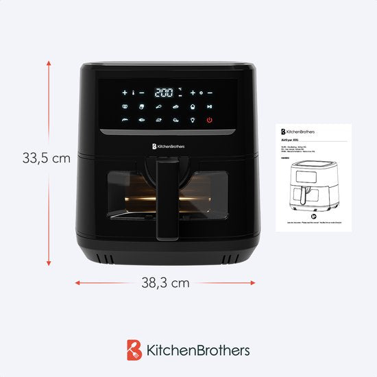 KitchenBrothers Airfryer XXL - 7.5L - 1800W - Heteluchtfriteuse - Dual Heating - 50ºC tot 200ºC - 10 Kookprogramma's - Zwart