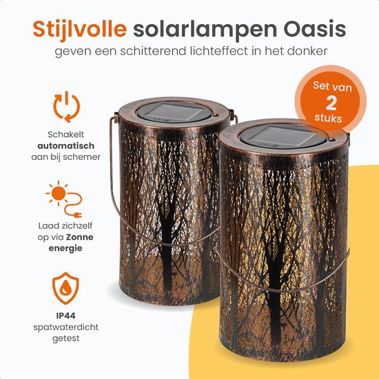Goliving Solar Tafellamp Oasis – Buitenlamp – 2 Stuks – Buiten Lantaarn – Tuinverlichting op Zonne-energie – LED Buitenverlichting – Hanglamp – 20 cm – Metaal – Brons