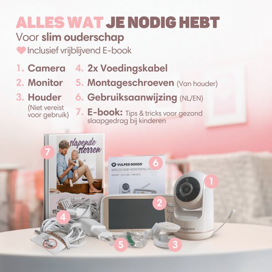 Vulpes Goods® Babycare - Babyfoon met Camera - Babymonitor met Camera en VOX - 5 inch FULL HD Scherm - Op afstand bestuurbaar - Baby Camera - Babyfoons met Geluidsdetectie - Nightvision - PRO Versie - Wit