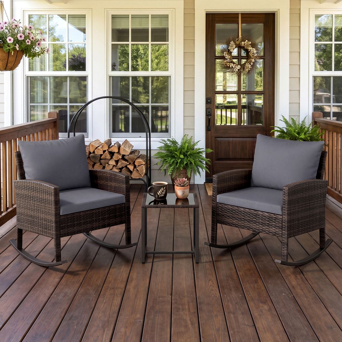 Coast 3-delige tuinset - 2 schommelstoelen en bijzettafel - handgevlochten rattan - grijs