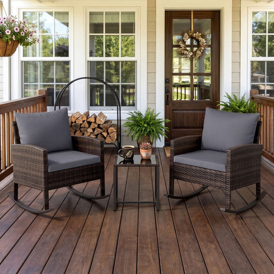 Coast 3-delige tuinset - 2 schommelstoelen en bijzettafel - handgevlochten rattan - grijs