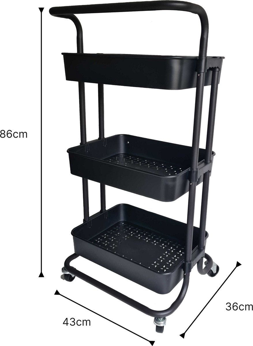 O'DADDY® Keukentrolley met Wieltjes - 3-Laags - 86 x 43 x 36 cm - Zwart
