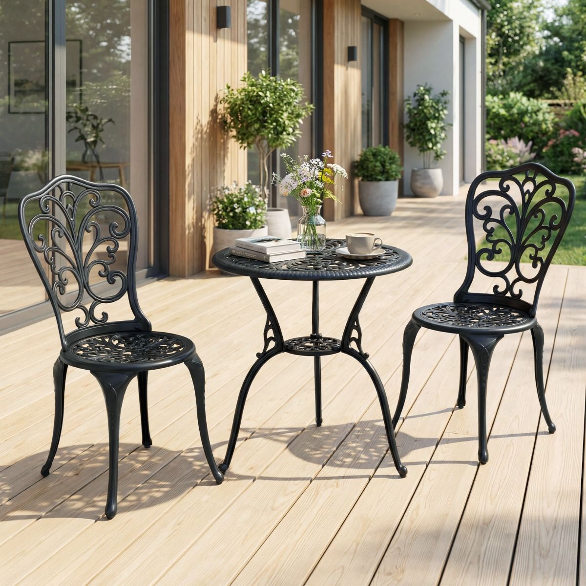 Coast 3-delige bistroset - gegoten aluminium - parasolgat - vlinderrugleuningen - zwart