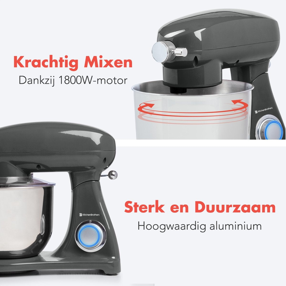KitchenBrothers Keukenmachine - Keukenrobot - 6L Mengkom - 1800W - Aluminium - Antraciet