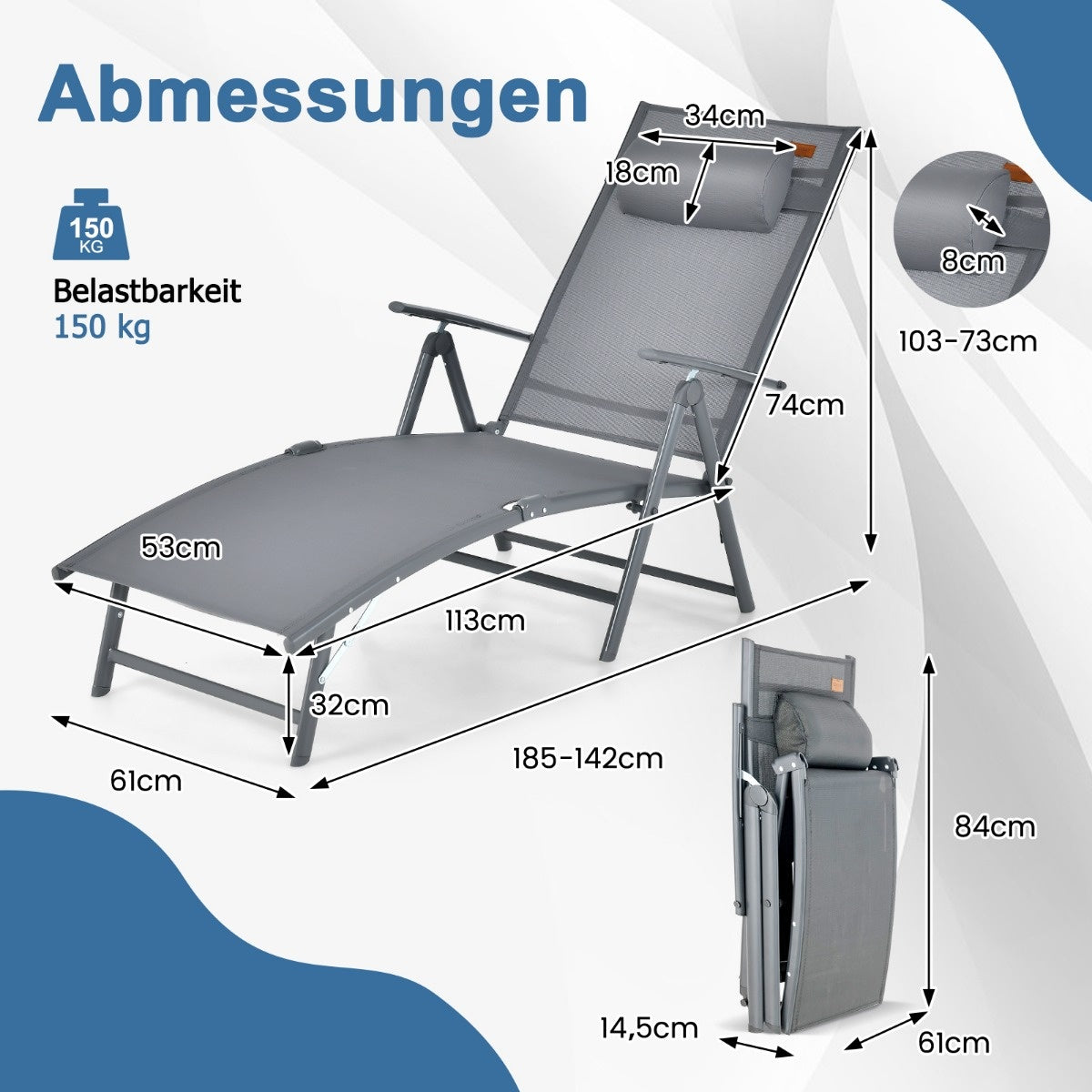 Coast Sun Lounger Garden Lounger met hoofdsteun 7 verstelbare rugleuningen grijs