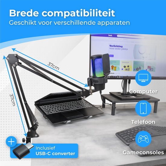 Nuvance - USB Microfoon met Arm - voor PC en Gaming Microfoon - met Ruisfilter - Inclusief USB-C Converter - Streaming Microphone - RGB