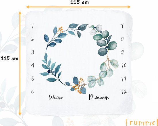 Frummel Mijlpaaldeken ‘Leaves’ – Milestone deken – Mijlpaal baby – Kraamcadeau Jongen – Kraamcadeau Meisje – Baby Shower Cadeau – Baby Cadeau – Mijlpaaldeken in het Nederlands – Moederdag cadeau - 115 x 115 cm